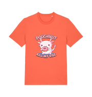 orange kawaii t-shirt with the graphic of an axolotl holding a doughnut and the slogan 'doughnut kill my vibe'