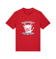 red kawaii t-shirt with the graphic of an axolotl holding a doughnut and the slogan 'doughnut kill my vibe'