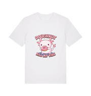 white kawaii t-shirt with the graphic of an axolotl holding a doughnut and the slogan 'doughnut kill my vibe'