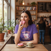 Woman eating a pink donut in a cafe with a purple funny animal t-shirt featuring a cartoon character axolotl