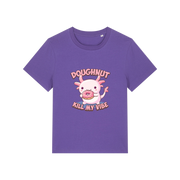 purple funny animal t-shirt with the graphic of a cartoon axolotl eating a doughnut with the slogan 'doughnut kill my vibe'