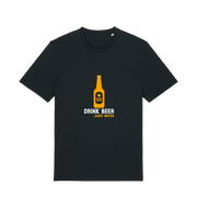 Black graphic t-shirt with a yellow beer bottle graphic and the slogan 'drink beer save water'