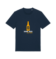 navy graphic t-shirt with a yellow beer bottle graphic and the slogan 'drink beer save water'