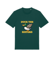 green funny offensive t-shirt with the graphic of a flying duck and the slogan 'duck the haters'