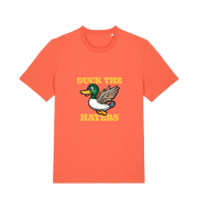 orange funny offensive t-shirt with the graphic of a flying duck and the slogan 'duck the haters'