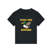 black funny animal t-shirt with the graphic of a duck and the slogan 'duck the haters'
