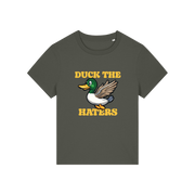 khaki funny animal t-shirt with the graphic of a duck and the slogan 'duck the haters'