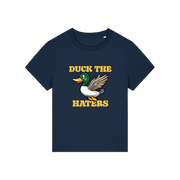 navy funny animal t-shirt with the graphic of a duck and the slogan 'duck the haters'