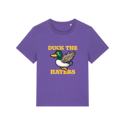 purple funny animal t-shirt with the graphic of a duck and the slogan 'duck the haters'