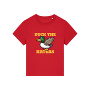 red funny animal t-shirt with the graphic of a duck and the slogan 'duck the haters'
