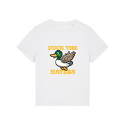 white funny animal t-shirt with the graphic of a duck and the slogan 'duck the haters'
