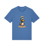 blue funny offensive t-shirt with the graphic of a cartoon duck and the slogan 'duck yourself'