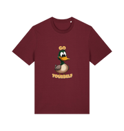 burgundy funny offensive t-shirt with the graphic of a cartoon duck and the slogan 'duck yourself'