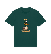 green funny offensive t-shirt with the graphic of a cartoon duck and the slogan 'duck yourself'