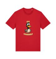 red funny offensive t-shirt with the graphic of a cartoon duck and the slogan 'duck yourself'
