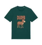 green funny offensive t-shirt with a cartoon donkey and  the slogan 'DUMB' 