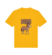 yellow funny offensive t-shirt with a cartoon donkey and  the slogan 'DUMB' 