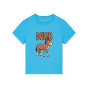 blue funny animal t-shirt with the graphic of a cartoon donkey and the word 'dumb'