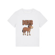 white funny animal t-shirt with the graphic of a cartoon donkey and the word 'dumb'