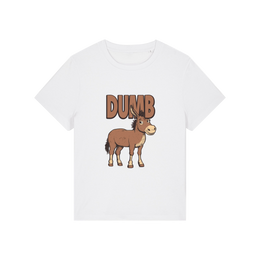 white funny animal t-shirt with the graphic of a cartoon donkey and the word 'dumb'
