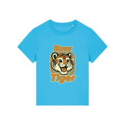 blue animal t-shirt with the graphic of a tiger and the slogan 'easy tiger'