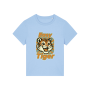 light blue animal t-shirt with the graphic of a tiger and the slogan 'easy tiger'