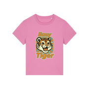 pink animal t-shirt with the graphic of a tiger and the slogan 'easy tiger'