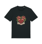 Black offensive t-shirt with a heart and roses graphic and the slogan 'eat shit and die'