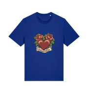 blue offensive t-shirt with a heart and roses graphic and the slogan 'eat shit and die'