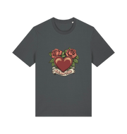grey offensive t-shirt with a heart and roses graphic and the slogan 'eat shit and die'