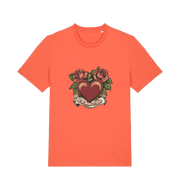 orange offensive t-shirt with a heart and roses graphic and the slogan 'eat shit and die'