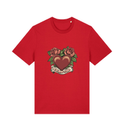 red offensive t-shirt with a heart and roses graphic and the slogan 'eat shit and die'