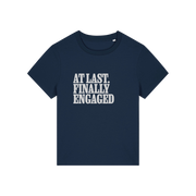 navy matching t-shirt with the slogan 'at last finally engaged'