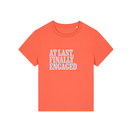 orange matching t-shirt with the slogan 'at last finally engaged'