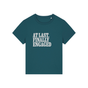 teal matching t-shirt with the slogan 'at last finally engaged'
