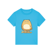 blue funny animal t-shirt with the graphic of a cartoon cat and the slogan 'fat and furious'