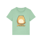 green funny animal t-shirt with the graphic of a cartoon cat and the slogan 'fat and furious'