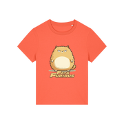 orange funny animal t-shirt with the graphic of a cartoon cat and the slogan 'fat and furious'