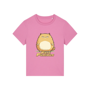 pink funny animal t-shirt with the graphic of a cartoon cat and the slogan 'fat and furious'