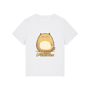 white funny animal t-shirt with the graphic of a cartoon cat and the slogan 'fat and furious'