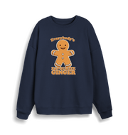 navy christmas sweater with the graphic of a gingerbread man and the slogan 'everybody's favourite ginger'