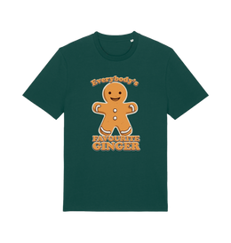 green christmas t-shirt with the graphic of a gingerbread man and the slogan 'everybodys favourite ginger'