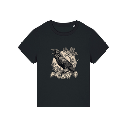 black funny animal t-shirt with the graphic of a crow and the slogan 'fcawf'