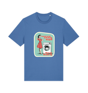 blue funny offensive t-shirt with a graphic design featuring a retro housewife stood next to a washing machine and the slogan 'i used to be fucking stupid but we broke up' 