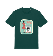 green funny offensive t-shirt with a graphic design featuring a retro housewife stood next to a washing machine and the slogan 'i used to be fucking stupid but we broke up' 