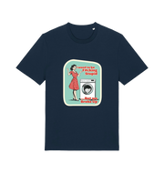 navy funny offensive t-shirt with a graphic design featuring a retro housewife stood next to a washing machine and the slogan 'i used to be fucking stupid but we broke up' 