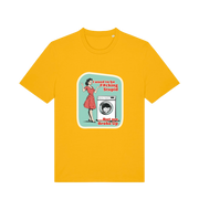 yellow funny offensive t-shirt with a graphic design featuring a retro housewife stood next to a washing machine and the slogan 'i used to be fucking stupid but we broke up' 