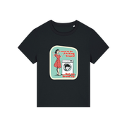 black funny offensive t-shirt with the graphic of a retro housewife stood next to a washing machine and the slogan 'i used to be fucking stupid .. but we broke up'