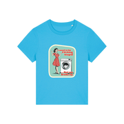 blue funny offensive t-shirt with the graphic of a retro housewife stood next to a washing machine and the slogan 'i used to be fucking stupid .. but we broke up'