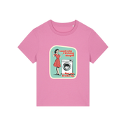 pink funny offensive t-shirt with the graphic of a retro housewife stood next to a washing machine and the slogan 'i used to be fucking stupid .. but we broke up'